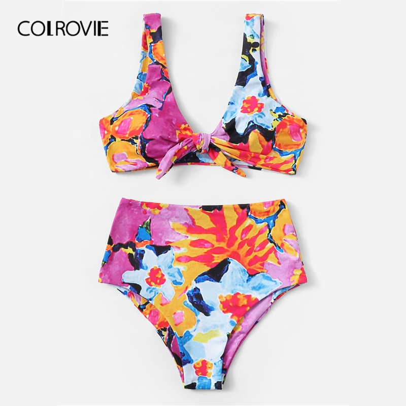 COLROVIE, разноцветный, случайный, цветочный топ с высокой талией, купальник для женщин, бикини, набор,, беспроводной, пляжный купальник, Boho, купальный костюм