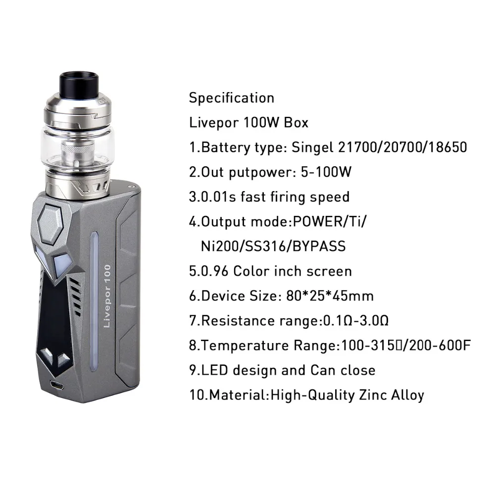 Yosta Livepor 100 коробка комплект Singel 21700/20700/18650 батарея мощность Ti Ni200 SS316 BYPASS 0 01 s