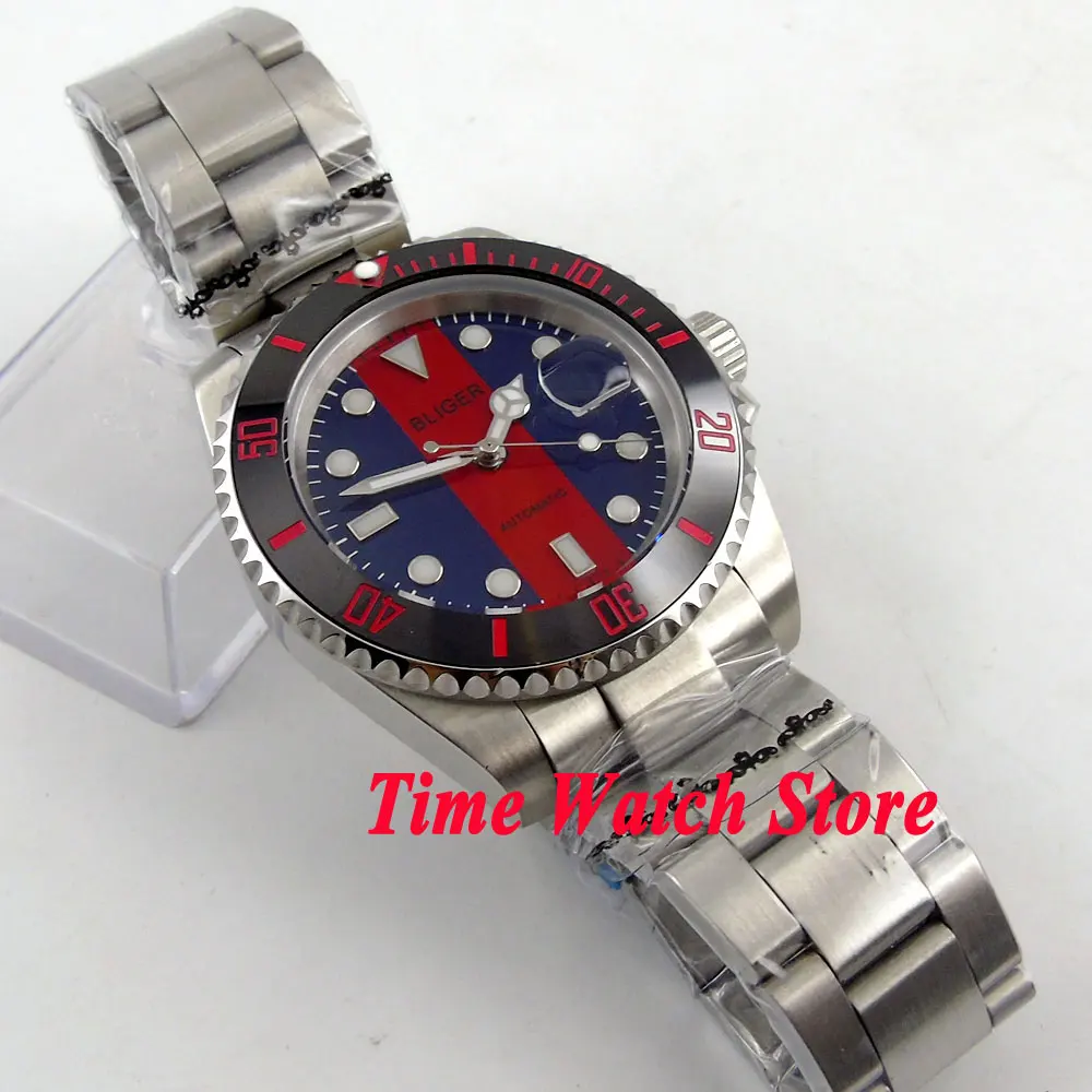 Bliger 40 мм сине-красный циферблат светящийся стеклянный керамический ободок
