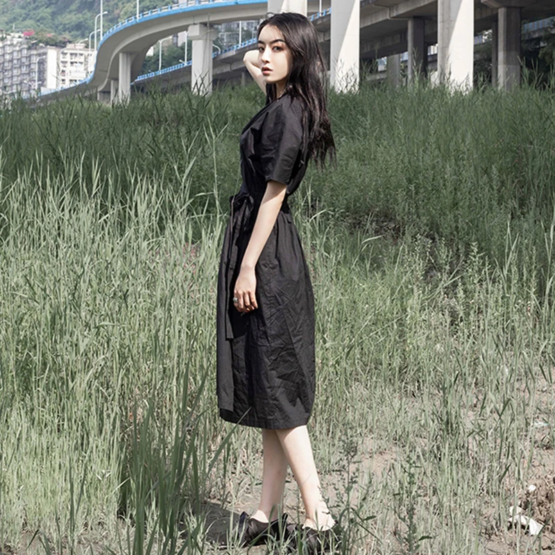 Женское платье туника плятья J061 черное плиссированное средней длины с поясом и