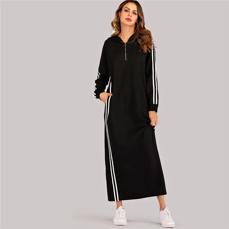 SHEIN черная полосатая лента на молнии Толстовка платье для женщин осень длинный рукав досуг повседневные Прямые длинные платья