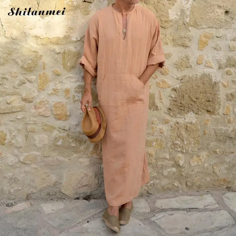 orange2 Мусульманская Мода Для мужчин исламский ткань Jubah Thobe одеяния кафтан карманы плюс Размеры одноцветное Арабская, Дубай короткий рукав платье из муслина - Цвет: orange2