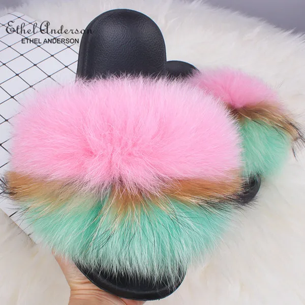 Green Pink Этель Anderson натуральным лисьим Мех животных шлёпанцы для женщин направляющие Vogue Лето очень большой шлёпанцы праздничные сандалии - Цвет: Green Pink