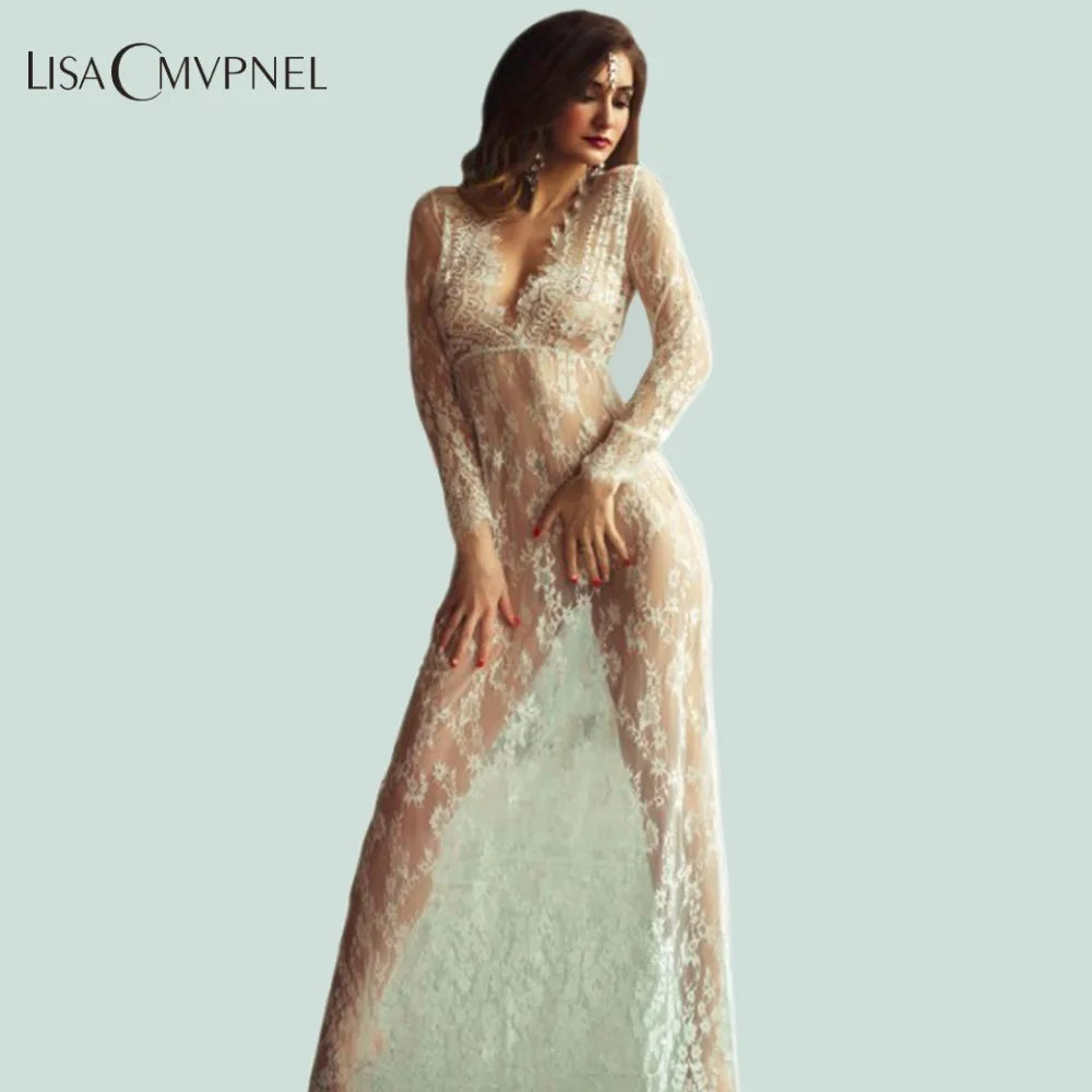 

Lisacmvpnel Long Section Deep V Women Nightgown Lace Hollow Long Sleeve Nightdress