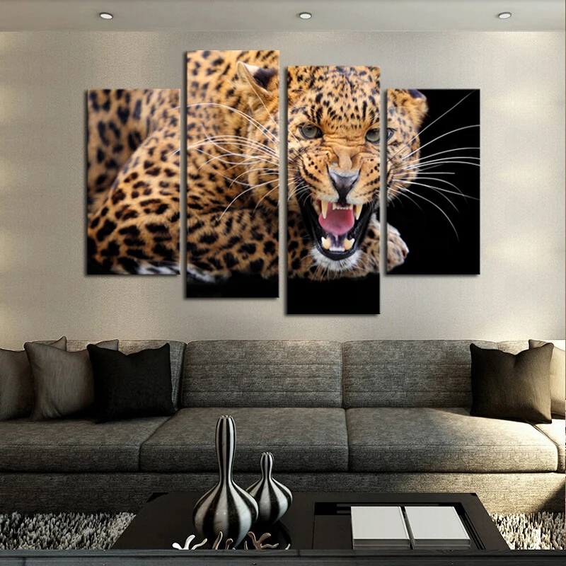 Новинка 4 панели без рамки желтые пятна Леопард злобный Рор Картина на холсте