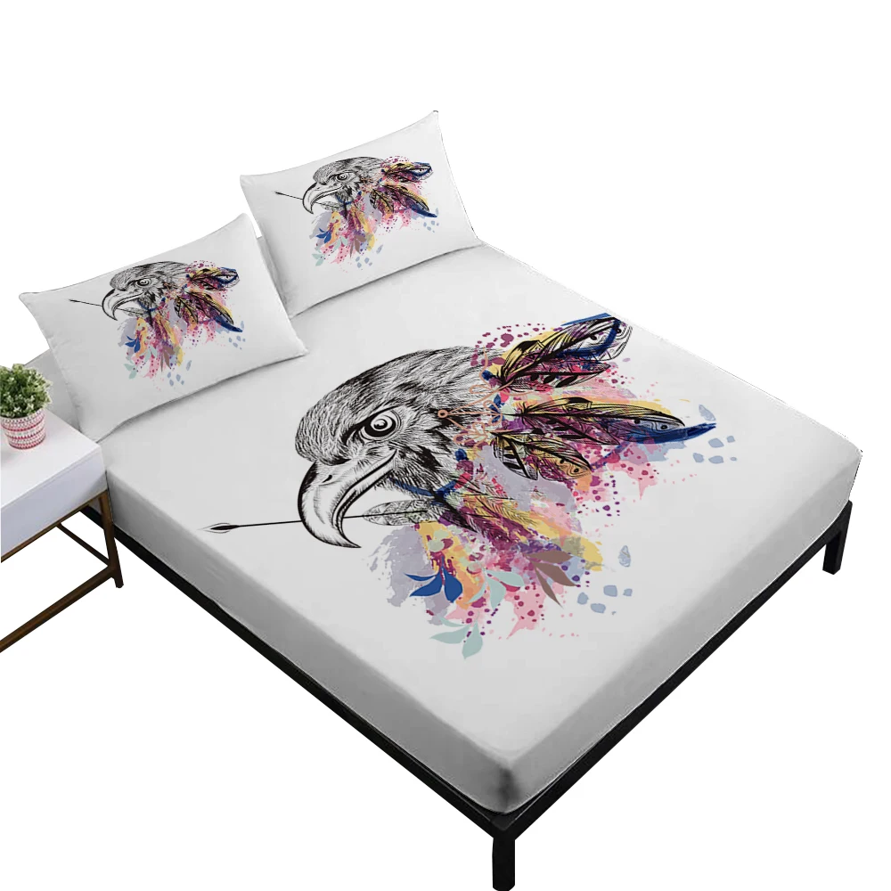 

Boho Colorful Feather Bedding Set Watercolor Eagle Print Fitted Sheet King Queen Bed Linens Sheets Set Pillowcase Home Decor D30