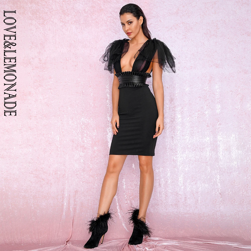 Женское вечернее платье LOVE & LEMONADE черное облегающее с V образным вырезом