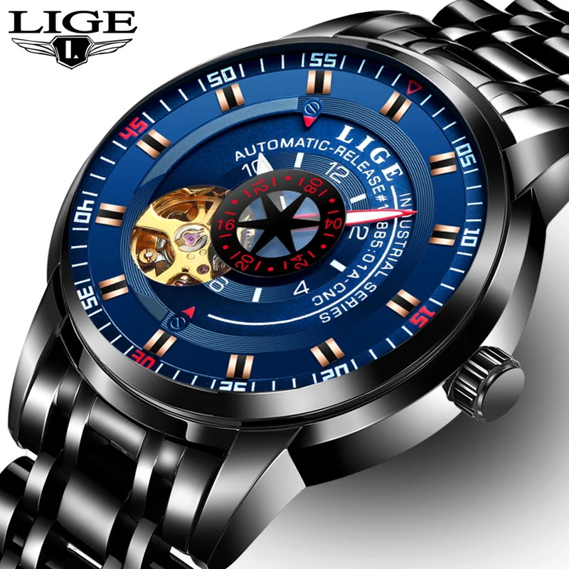 Фото LIGE Брендовые мужские модные автоматические механические часы полностью