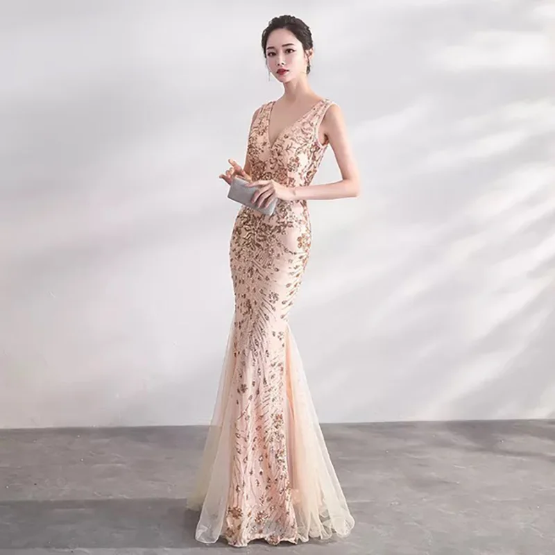 

D049 elegant luxury woman v-neck champagne sequined bridal mermaid dress