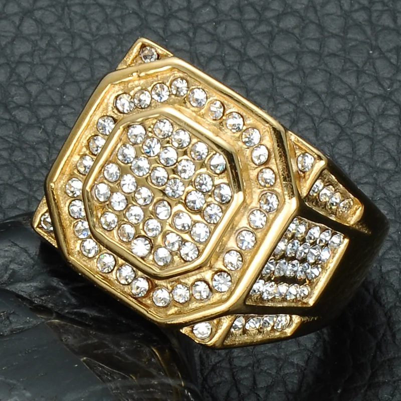 Хип хоп все микро проложить CZ Iced Out Bling большое кольцо с шестиугольной верхушкой IP
