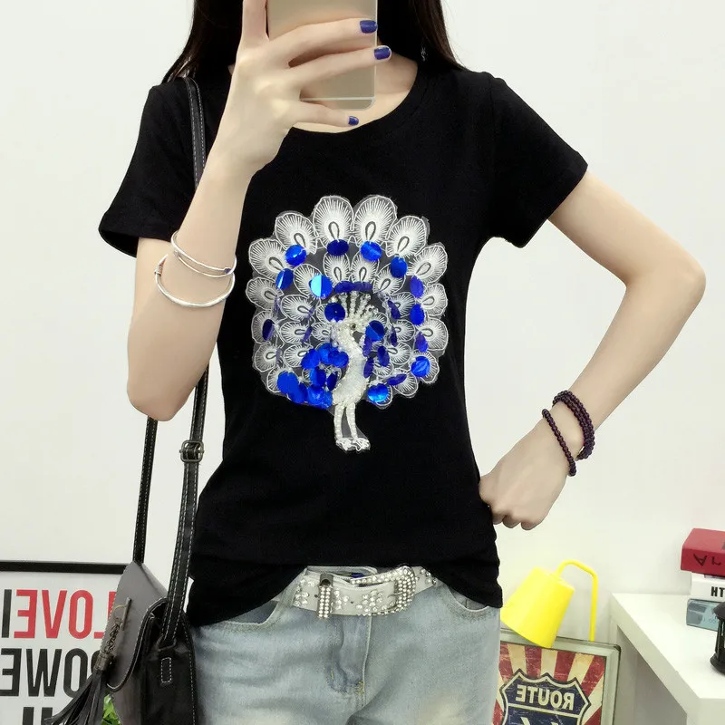 Модная женская футболка с павлином и блестками 2020 европейские летние тонкие