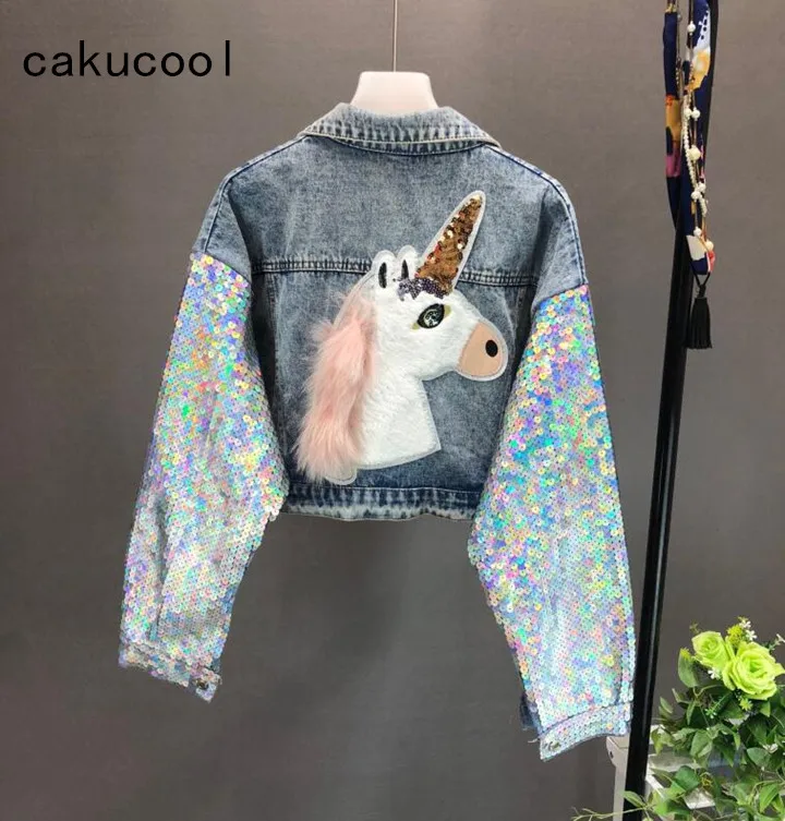 Cakucool тяжелой платформе с блестками Джинсовое пальто Для женщин единорога из