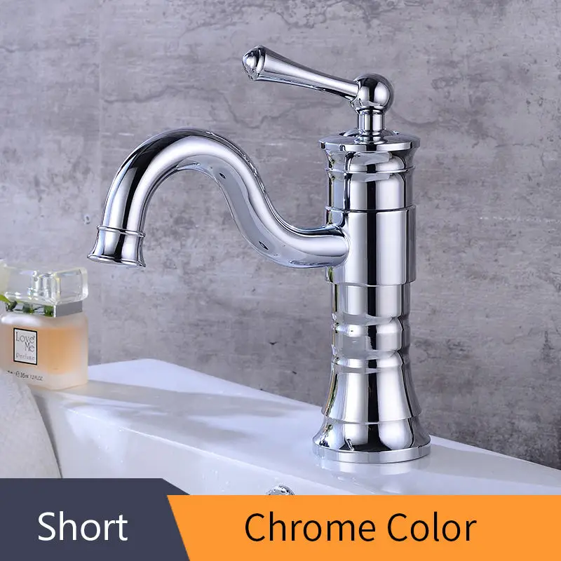 Short Chrome Смеситель для раковины, античный латунный кран для ванной комнаты с одной ручкой, винтажный двухслойный кран, кран для горячей и холодной ванны, смеситель для воды 58808 - Цвет: Short Chrome
