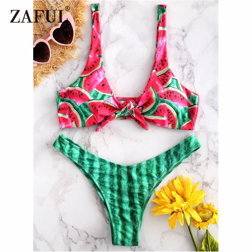 Женский купальник с узелком и арбузом ZAFUL пикантный низкой талией глубоким