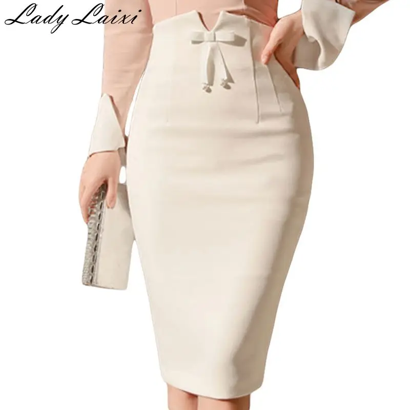 

2019 Summer Women Fashion Skirt Bowtie Empire Office Ladies Elegant Pencil Skirt Slim Mid White Skirt Femme 3XL plus size