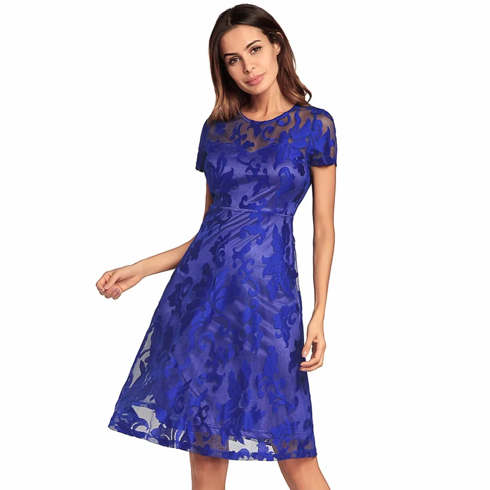 Gzgee Retro Sheer Lace Dress Female Sexy Women Pleated O Neck Short Sleeve High Waist Bandage Party Swing B1293 | Женская одежда