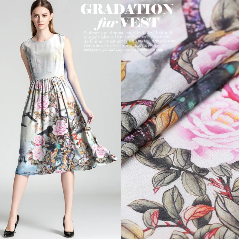 Широкий цифровая печать шелк льняной ткани Cheongsam шелковой для платья дышащий
