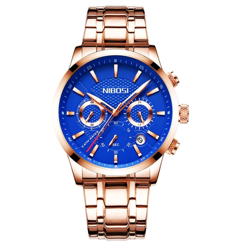 RoseGold Blue Metal NIBOSI Relogio Masculino мужские s часы лучший бренд класса люкс из розовой стали Кварцевые часы мужские повседневные спортивные наручные часы с хронографом Saat - Цвет: RoseGold Blue Metal