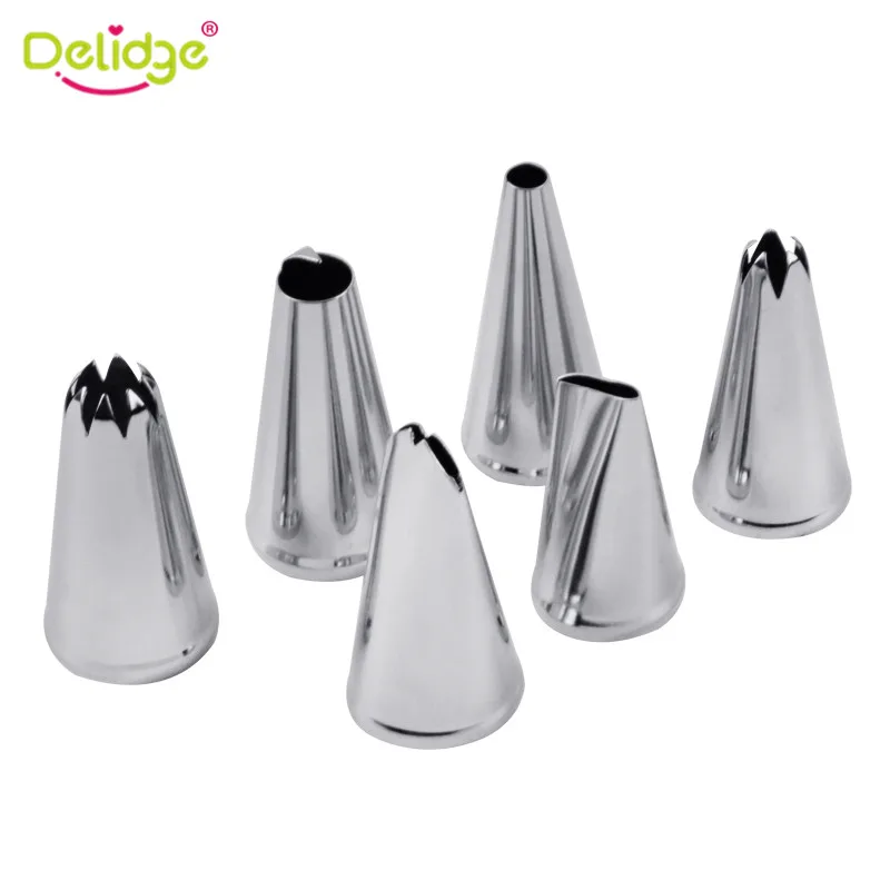 Delidge 6PCS Stainless Steel Cream Nozzle Mouth Jam Tip Set Cake Decorating Pastry Piping Flower Baking Tool | Дом и сад