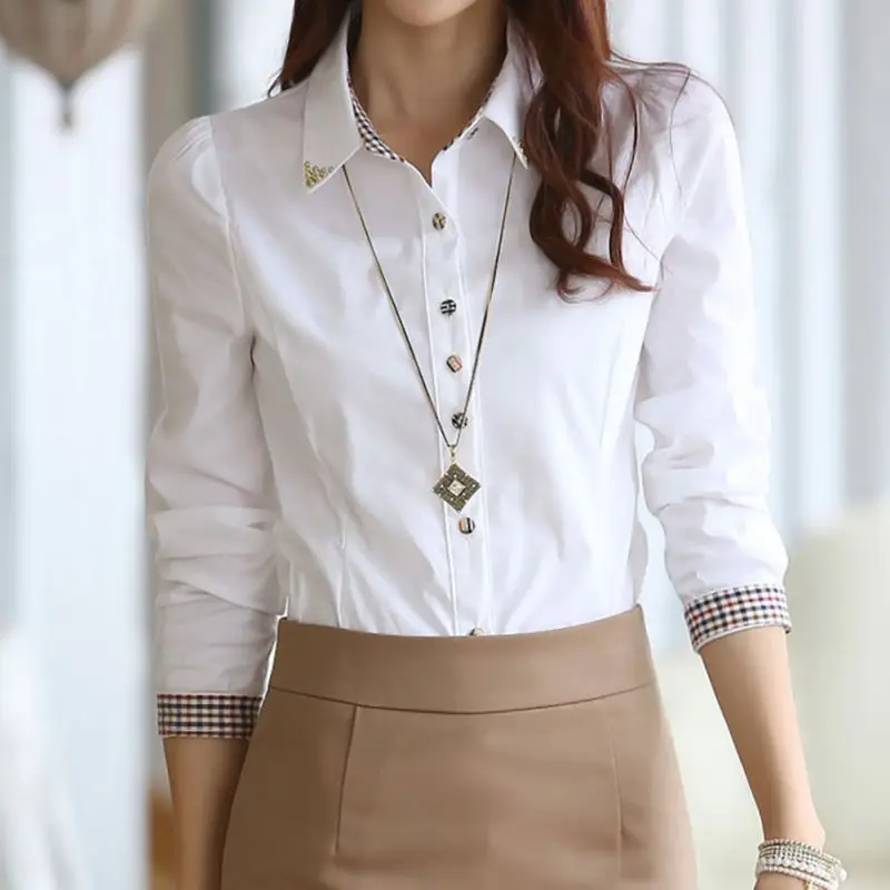 New OL White Blouse Plus Size 2XL Long Sleeve Turn-down Collar Formal Elegant Ladies Female Shirt Blusas Ladies Tops