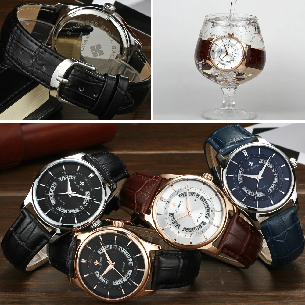 Mens Watches Top Brand Luxury WWOOR Hollow Date Waterproof Analog Clock Men Quartz Leather Belt Sports Wrist Watch Male Business | Наручные