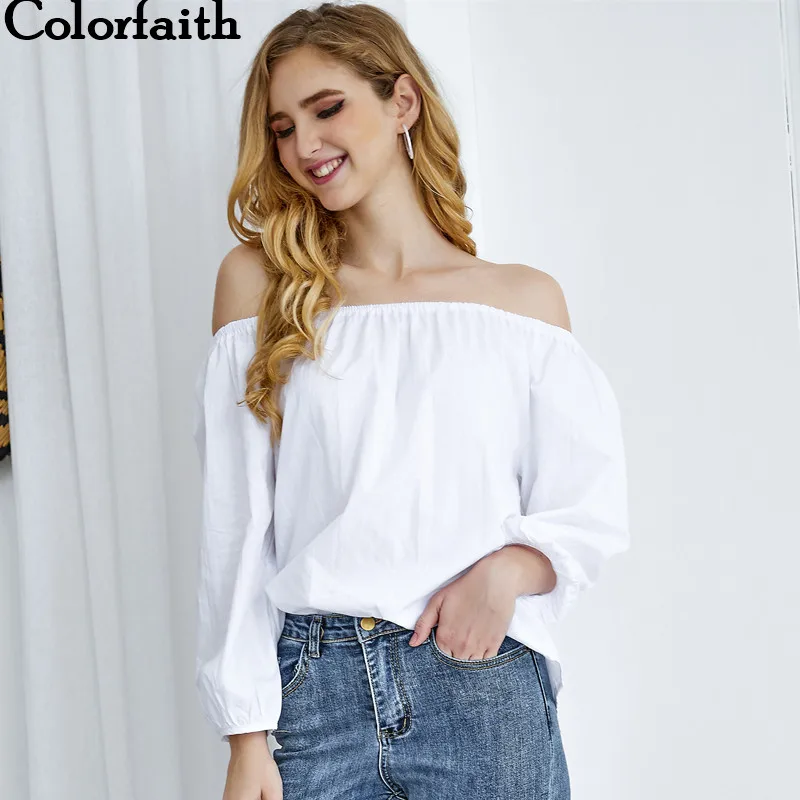 

Colorfaith New Women Blouses & Shirts 2021 Spring Summer Lady Slash Neck Elegant Lantern Sleeve Fashionable Tops shirt BL296