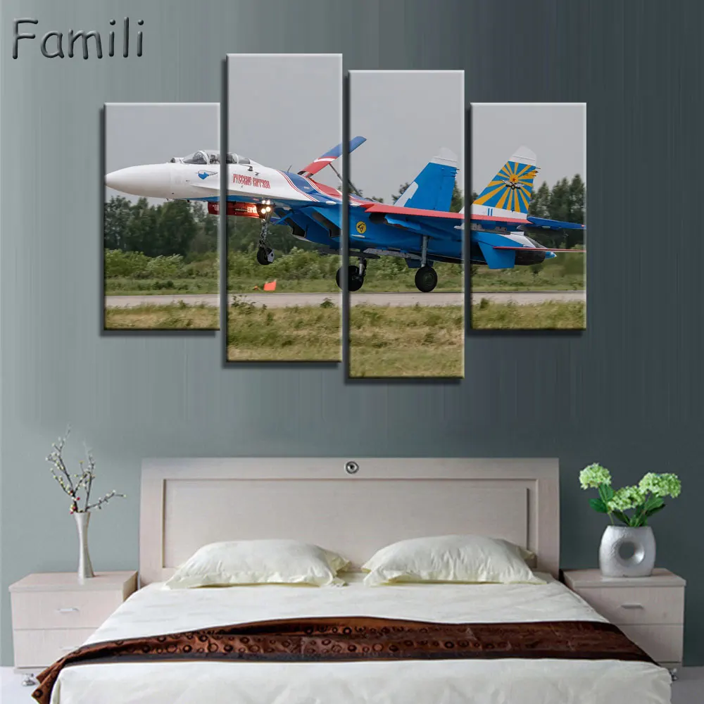 4 Pieces Painting Fighter Airplane Aircraft Model Wall Art Canvas Prints Modern Artwork Pictures for Living Room Unframed | Дом и сад