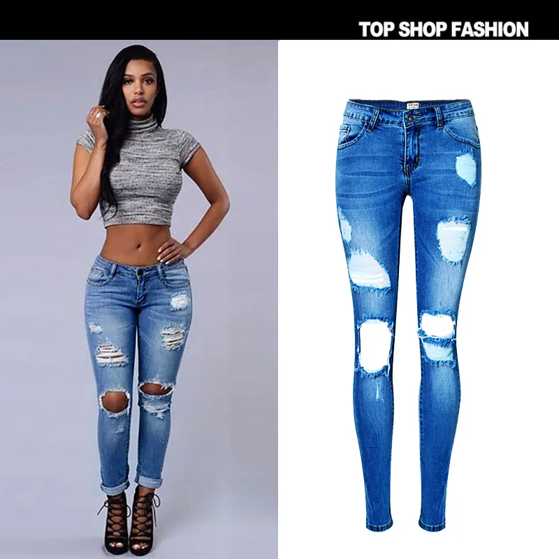 

Новые эластичные джинсовые брюки с низкой посадкой и неровными отверстиями для мытья кошек должны быть большими ярдами