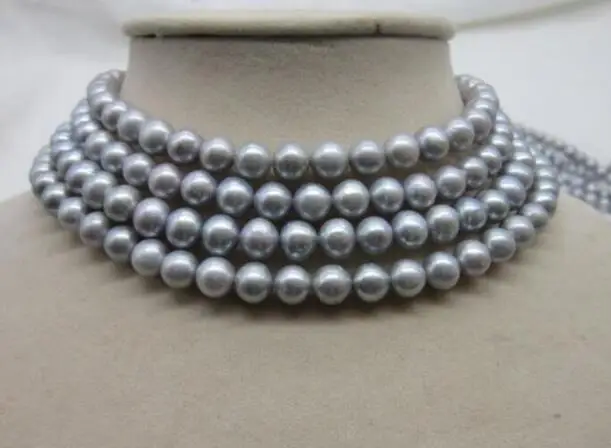 

beautiful 80" 10-9 MM NATURAL GRAY PEARL NECKLACE YELLOW CLASP