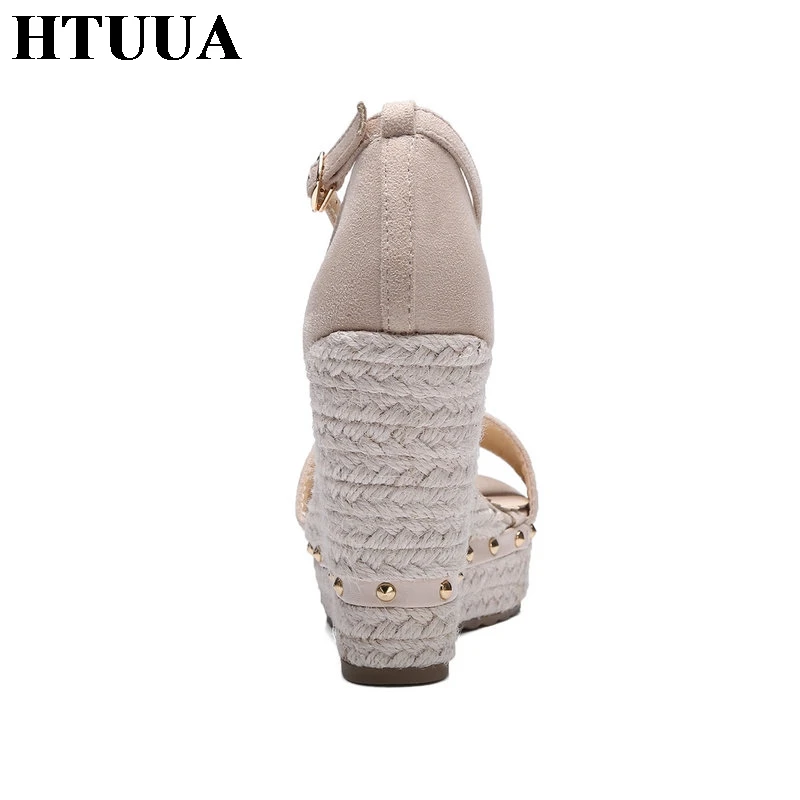 HTUUA 2018 New Women Sandals Summer Wedges Platform Shoes Rivet Fashion Ankle Strap Buckle 11CM High Heels Ladies SX1045 | Обувь