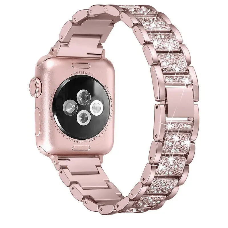 Нержавеющая сталь браслет наручных часов iWatch, ремешок для наручных часов Apple Watch iWatch 38, 42 мм, версия Стразы браслет ремешок для часов - Цвет: Rose pink