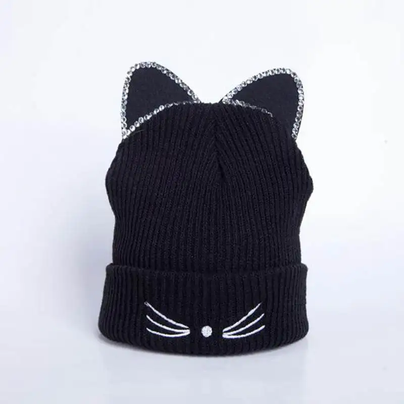 black ears Для женщин шапка вязаные шапочки со стразами кошачьими ушками сексуальные шапки вязаный крючком шерсть в полоску кепки обувь для девочек повседне - Цвет: black ears