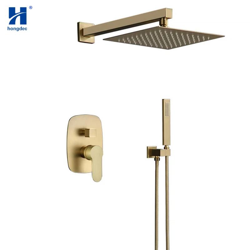 

Hongdec Wall Mounted Luxury Brass Brushed gold Rainfall Shower System with 10" Rain Shower head set