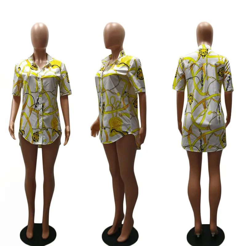 Блузка женская с коротким рукавом и отложным воротником золотыми цепочками|printed