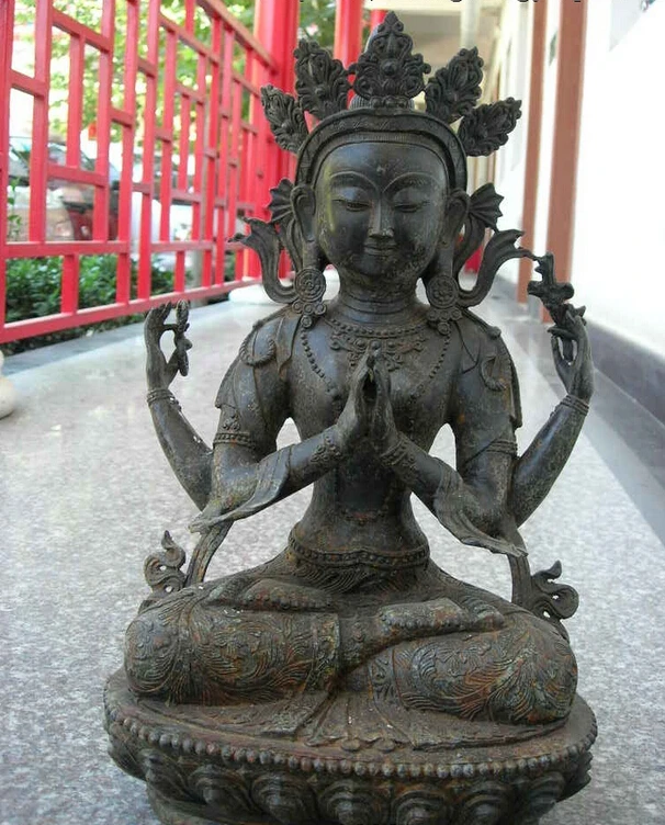 

song voge gem S0432 Tibet Temple bronze four hands Arm Kwan-Yin Guan Yin Bodhisattva Buddha Statue
