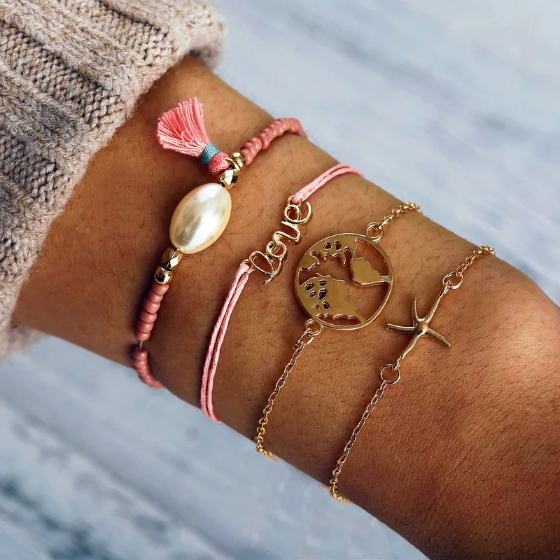 

New Fashion Jewelry LOVE Starfish Map Tassels Bracelet 4Pcs/Set Gold Color Beaded Rope Chain Bracelet Femme