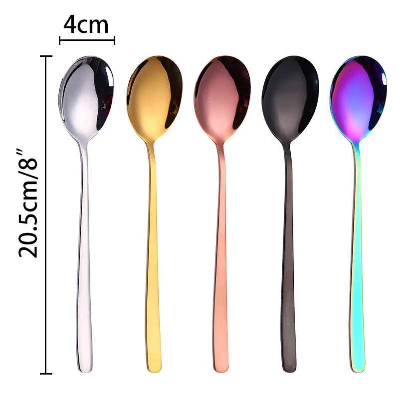 5pcs Stainless Steel Coffee Spoon Korean Long Handle Metal Spoons Dessert Fruit Juice Mixing Serving Scoop Kitchen Tableware | Дом и сад