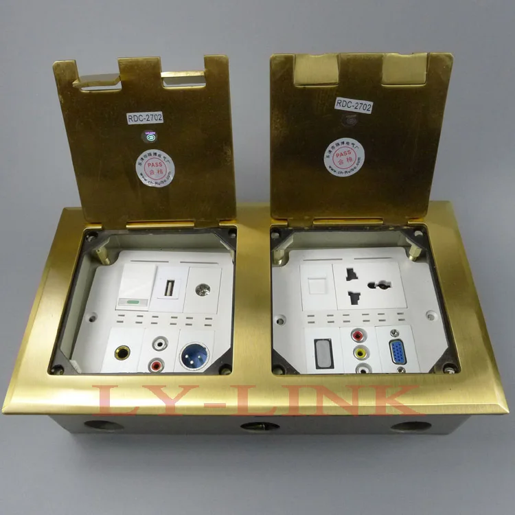 Напольная розетка желтого медного цвета с разъемом питания vga 3RCA AV HDMI и