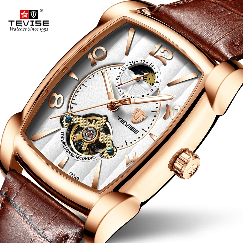 

Fashion Tevise Top Brand Business Mechanical Watches Mens Automatic Watch Men Leather Male Wristwatch Skeleton Clock Relogios