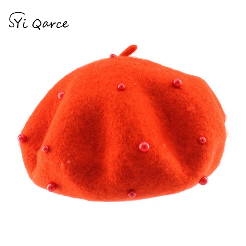 Orange SYi Qarce, детский модный шерстяной берет с жемчугом, шапка, лучший подарок для девочки, весна, осень, зима, удобный берет в стиле винтаж, шапка, NM076-3 - Цвет: Orange