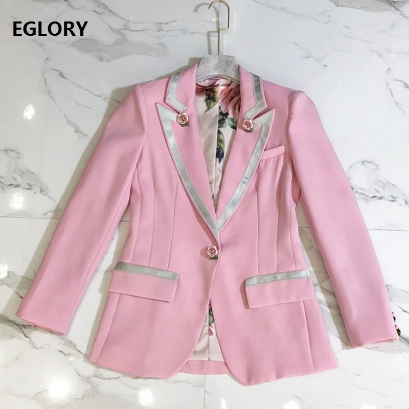 

2018 Spring Autumn Blazer Women Notched Collar Single Rose Flower Button Blazer Jacket Work Office Lady Pink Coat Plus Size XXL