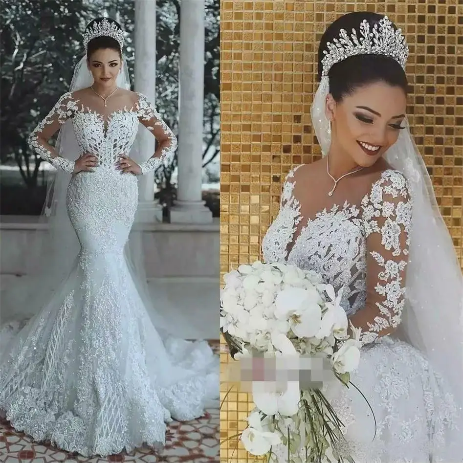 

2019 Mermaid Scoop Wedding Dress Bridal Gowns Long Sleeve Lace Applique Sweep Train Vestido De Novia Custom Made