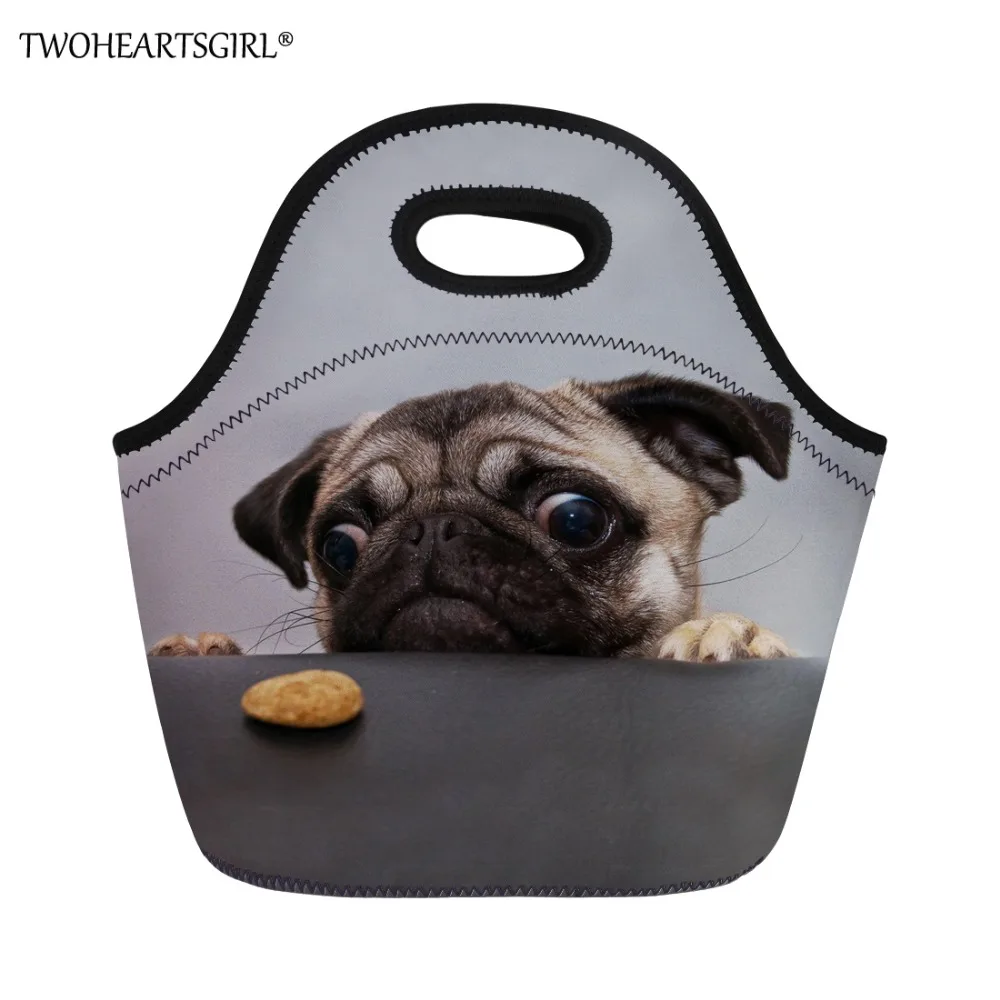 

TWOHEARTSGIRL Pug Dog Print Women Food Bag Neoprene Kids Thermal Insulated Lunch Bag Grey Thermo Student Girls Lunch Tote Bags