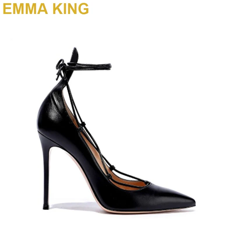 Online Sepatu Hak Tinggi Wanita Ujung Runcing Pump Stiletto Bertali Pergelangan Kaki Hitam Seksi Sepatu Pesta Hak Tipis Wanita 10CM 12CM Sepatu Wanita 35-43