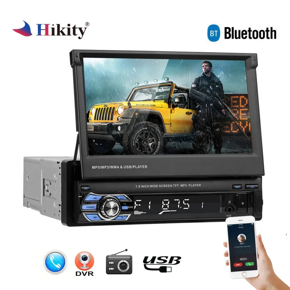 Hikity 1 din Выдвижной Автомобильный Радио MP3 плеер " HD Универсальный автомобильный стерео радио плеер с Bluetooth FM USB поддержка резервная камера