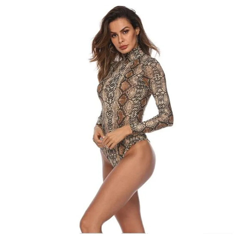 Женский комбинезон с леопардовым принтом облегающий боди длинным рукавом и