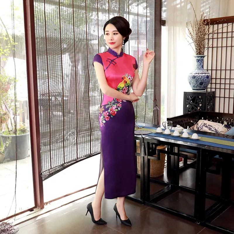 Cheongsam атласное платье с принтом Qipao винтажное улучшенное осеннее традиционное китайское длинное платье вечерние платья для матери свадебное платье
