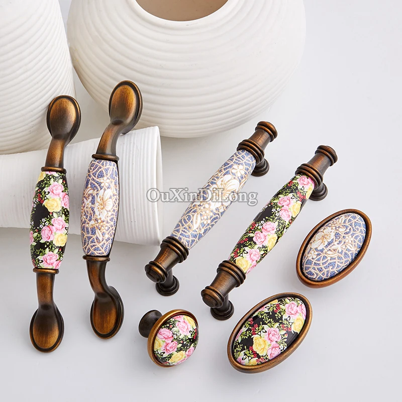 

Vintage 10PCS European Retro Kitchen Door Handles Ceramic Printing Cupboard Wardrobe Cabinet Pulls Furniture Handles and Knobs
