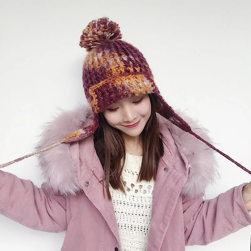 

Autumn and winter women's knitting lei feng hat warm and lovely protective ear ball hat hooded knitting hat