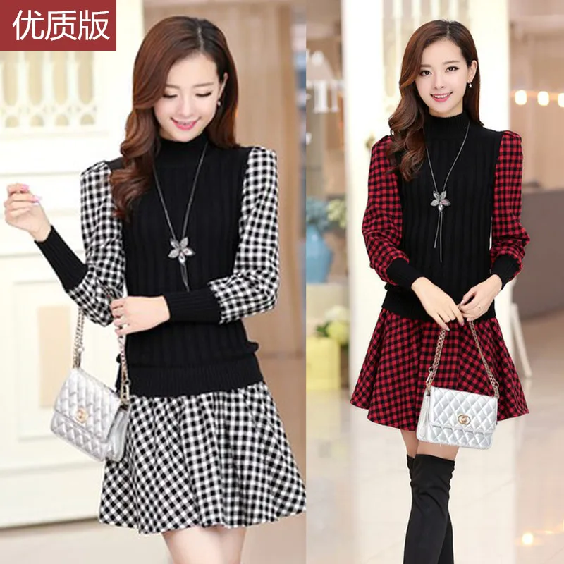 

New winter big was thin bottoming female long-sleeved plaid woolen dress A word long section